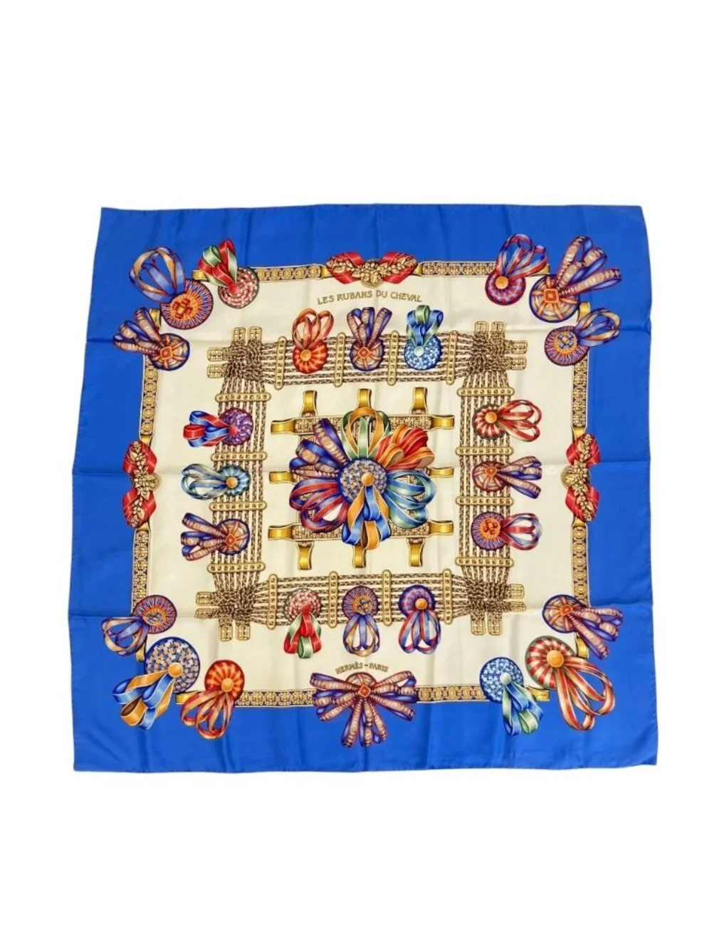 Hermes Carre 90 les Rubans du Cheval Large Silk Scarf Blue